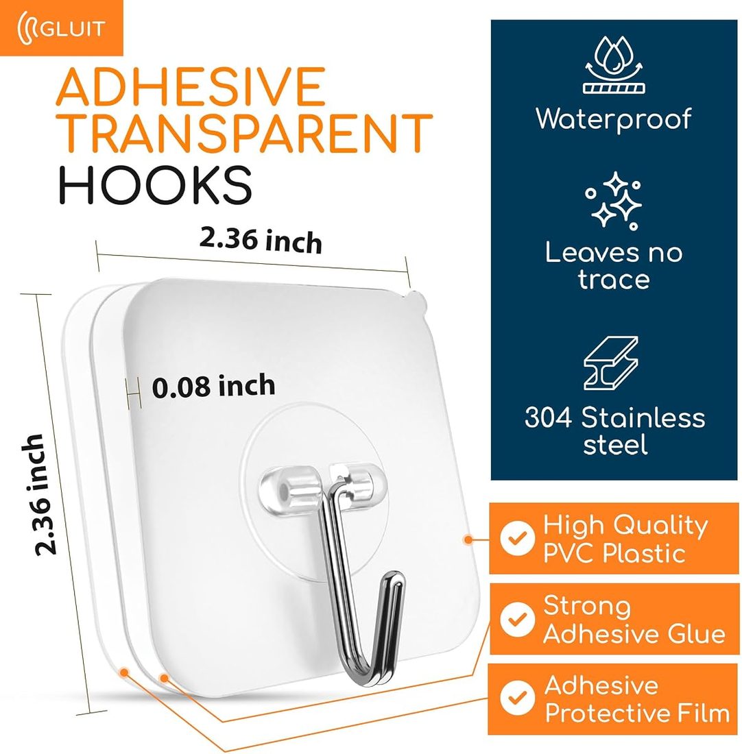 GLUIT Adhesive Wall Hooks for Hanging, 22 lbs, 12 pcs, Clear — listing image 2