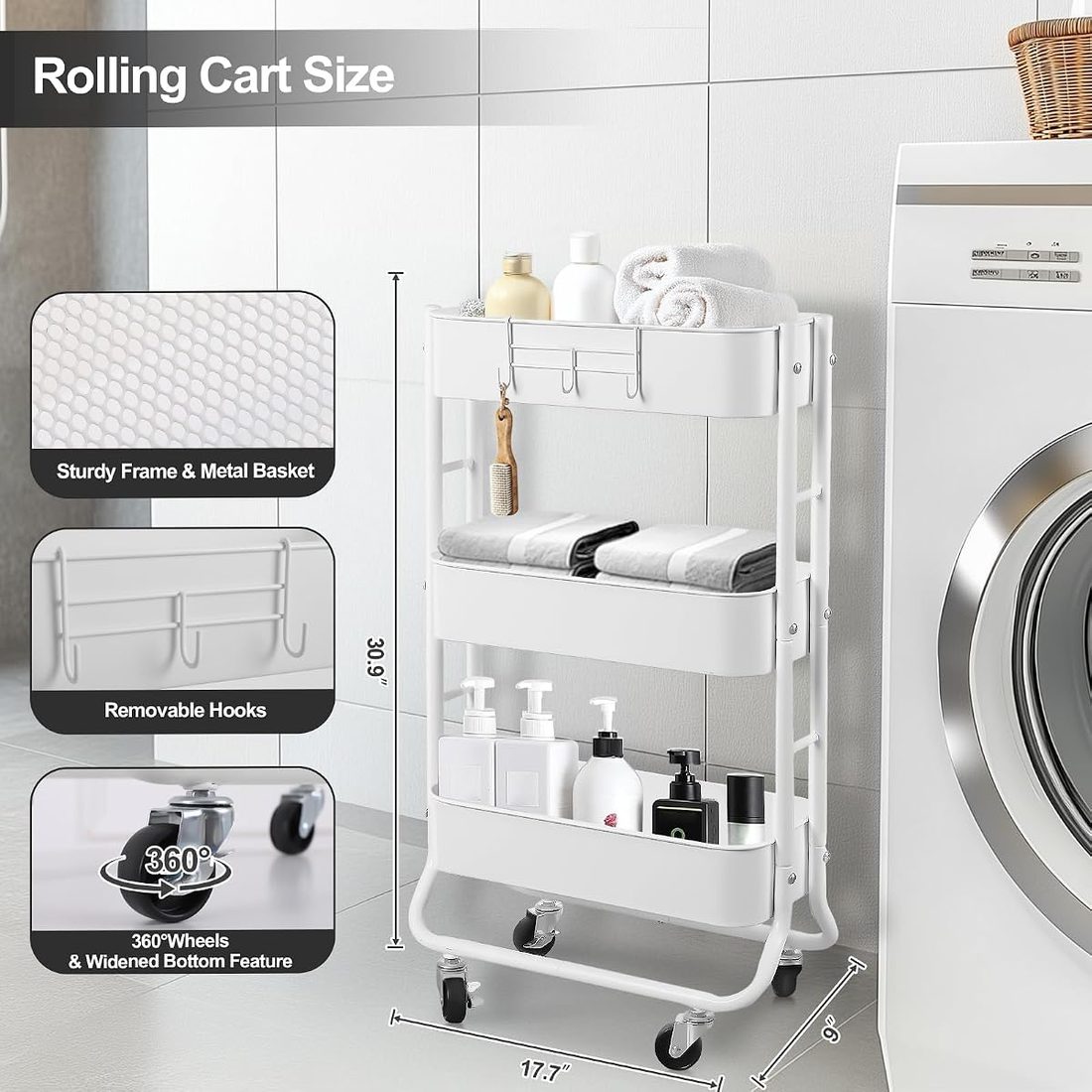 MAX Houser Slim 3-Tier Rolling Utility Cart with Extra Hook, White — listing image 2